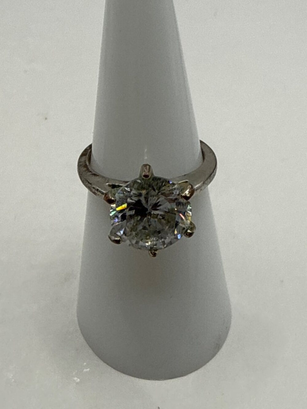 Faux Diamond 6 Prong Solitaire Ring Round Cut Silver Tone Costume Jewelry